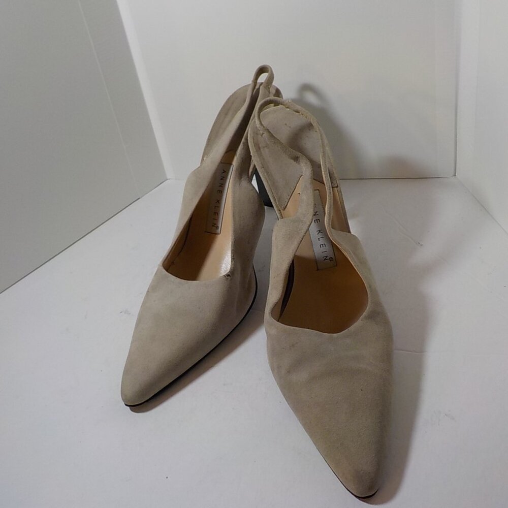 ANNE KLEIN, Beige Suede Sling Back Pumps with Flat Square Heel